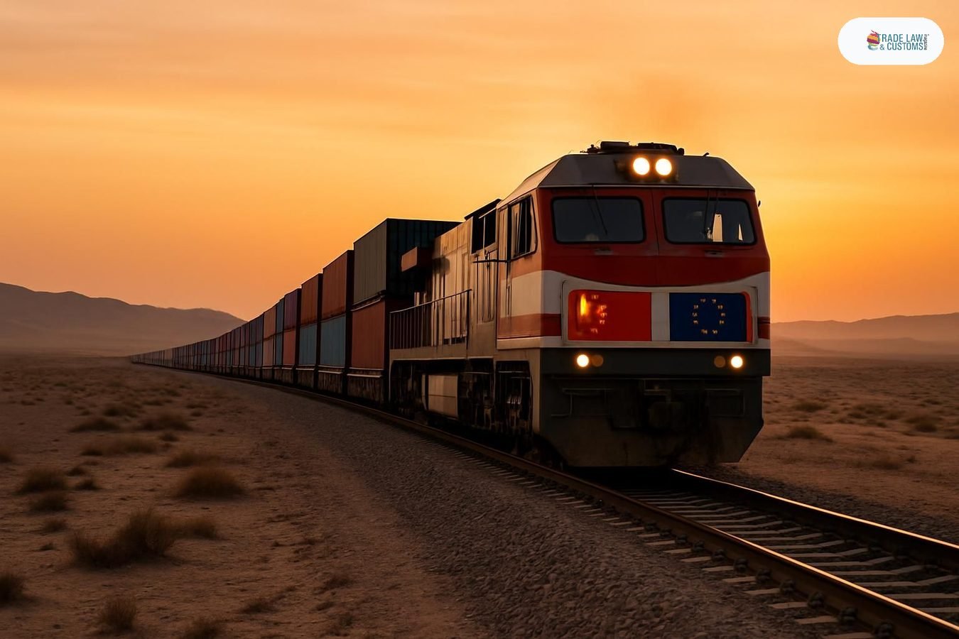 Tren de carga China-Europa atraviesa el desierto de Gobi al amanecer rumbo a Europa central.