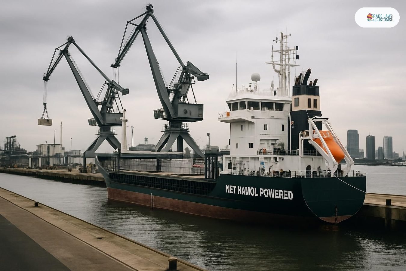 Buque de carga propulsado por metanol atracado en el Puerto de Róterdam con grúas eléctricas en operación.