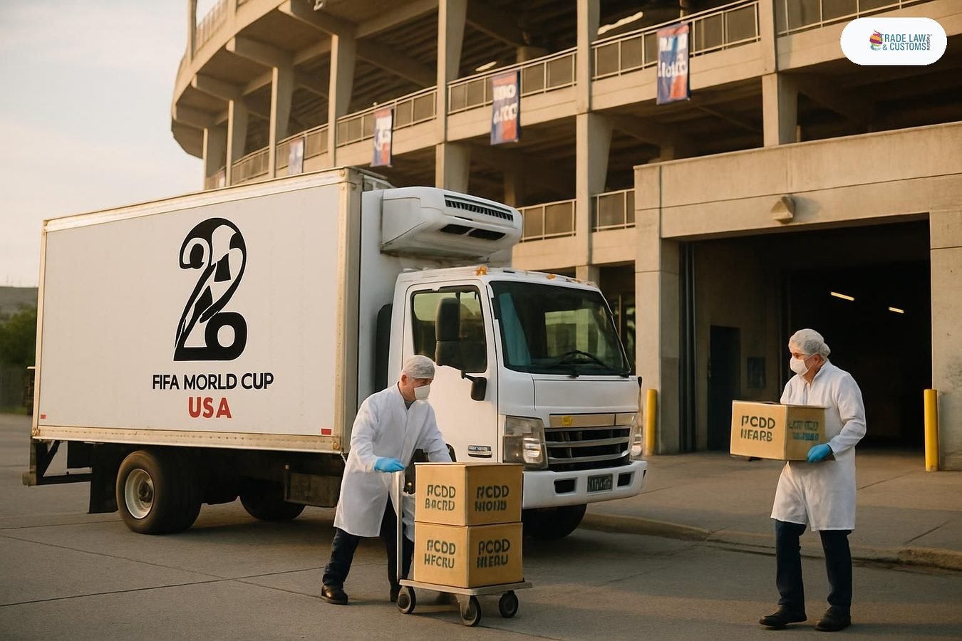 Camión de distribución refrigerado descarga alimentos en estadio sede del Mundial 2026