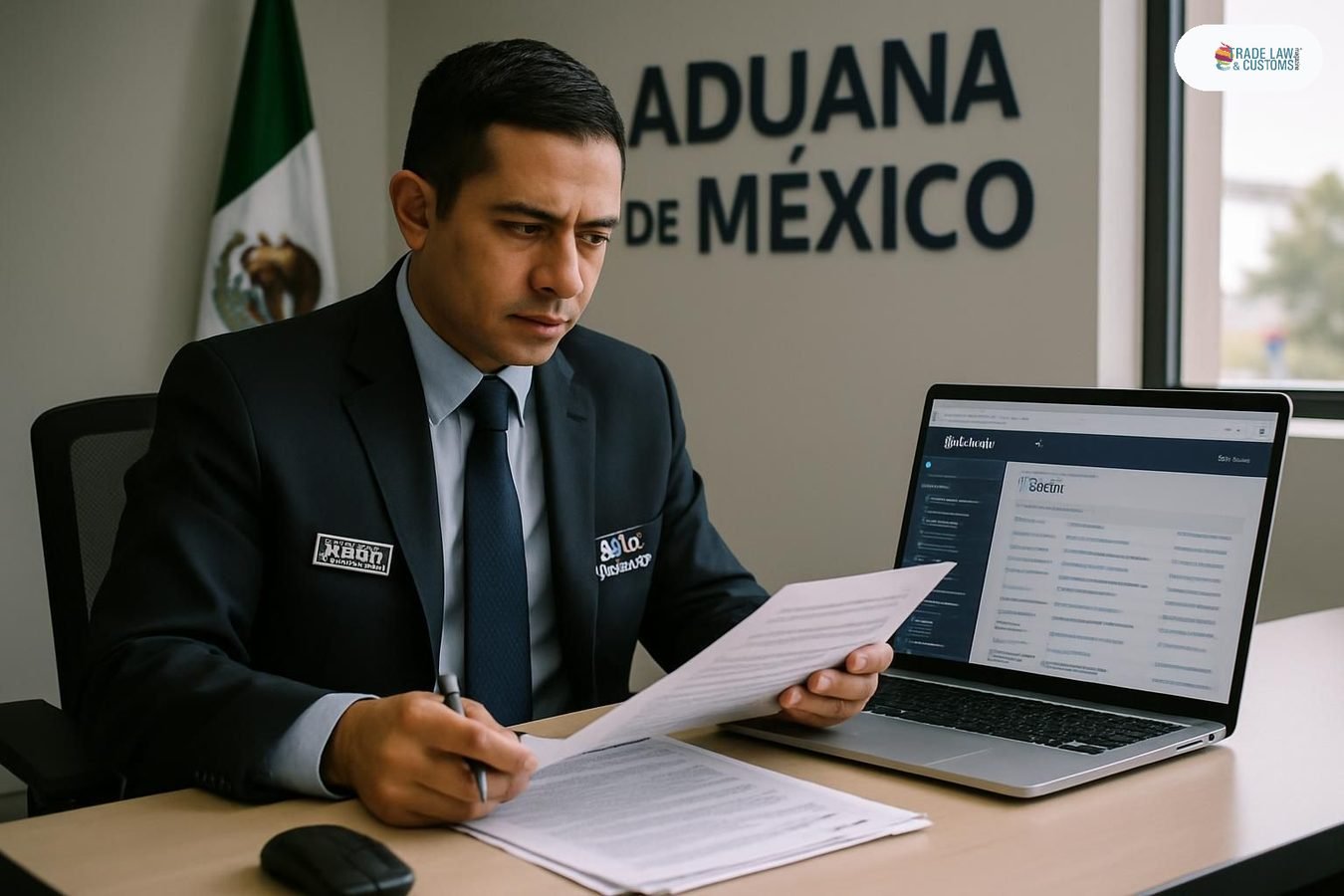 Agente aduanal mexicana revisa documentos de comercio exterior y sistema VUTCE en oficina aduanal