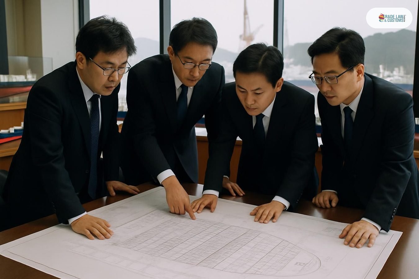 Ingenieros navales coreanos revisan planos del portacontenedores de propulsión nuclear en los astilleros de Samsung Heavy Industries en Geoje