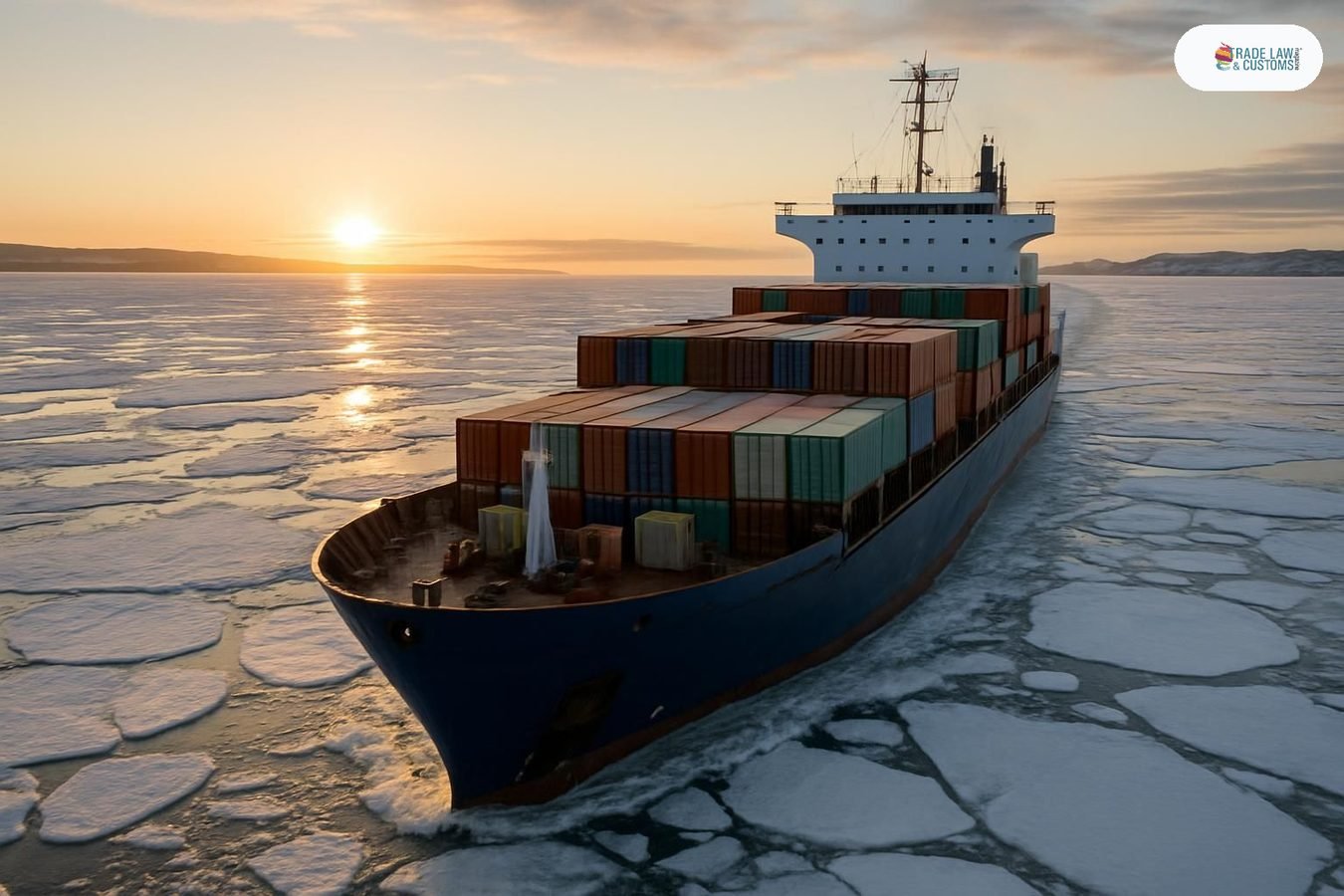 Portacontenedores clase hielo navegando por la Ruta Marítima del Norte en el Ártico bajo el sol polar de verano