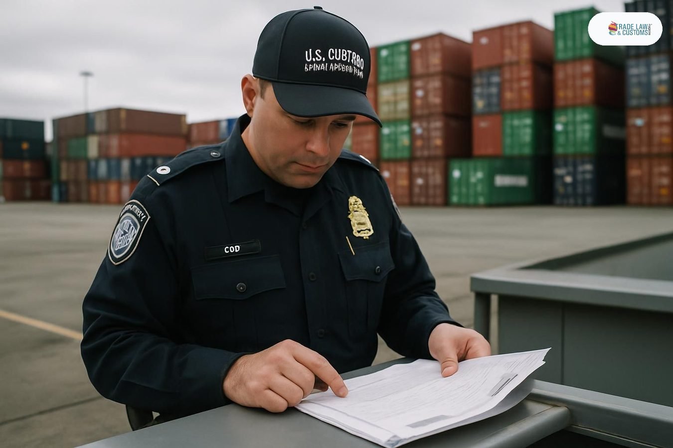 Oficial de CBP revisando documentos de importación en puerto de carga de EE.UU.