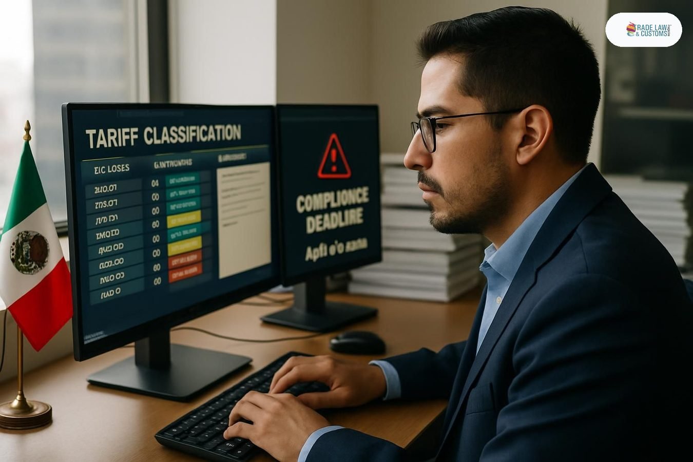 Analista de cumplimiento arancelario revisa software de clasificación con IA en oficina corporativa