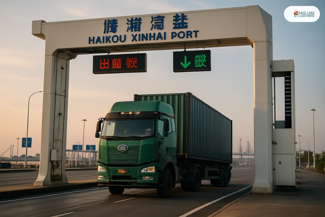 Camión de carga pasando por carril de inspección automatizada en Puerto Xinhai, Hainan, China