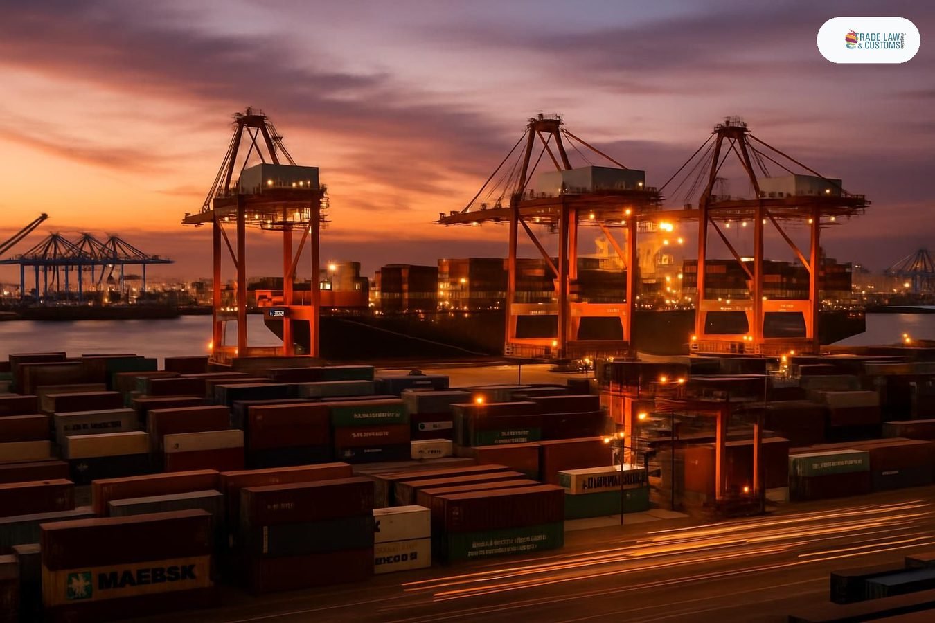 Terminal Pier 400 del Puerto de Los Ángeles con grúas automatizadas operando al atardecer