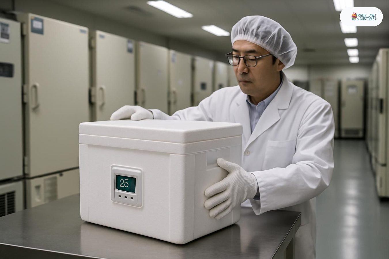 Operario de almacén farmacéutico en Japón maneja contenedor de cadena fría con monitoreo de temperatura integrado