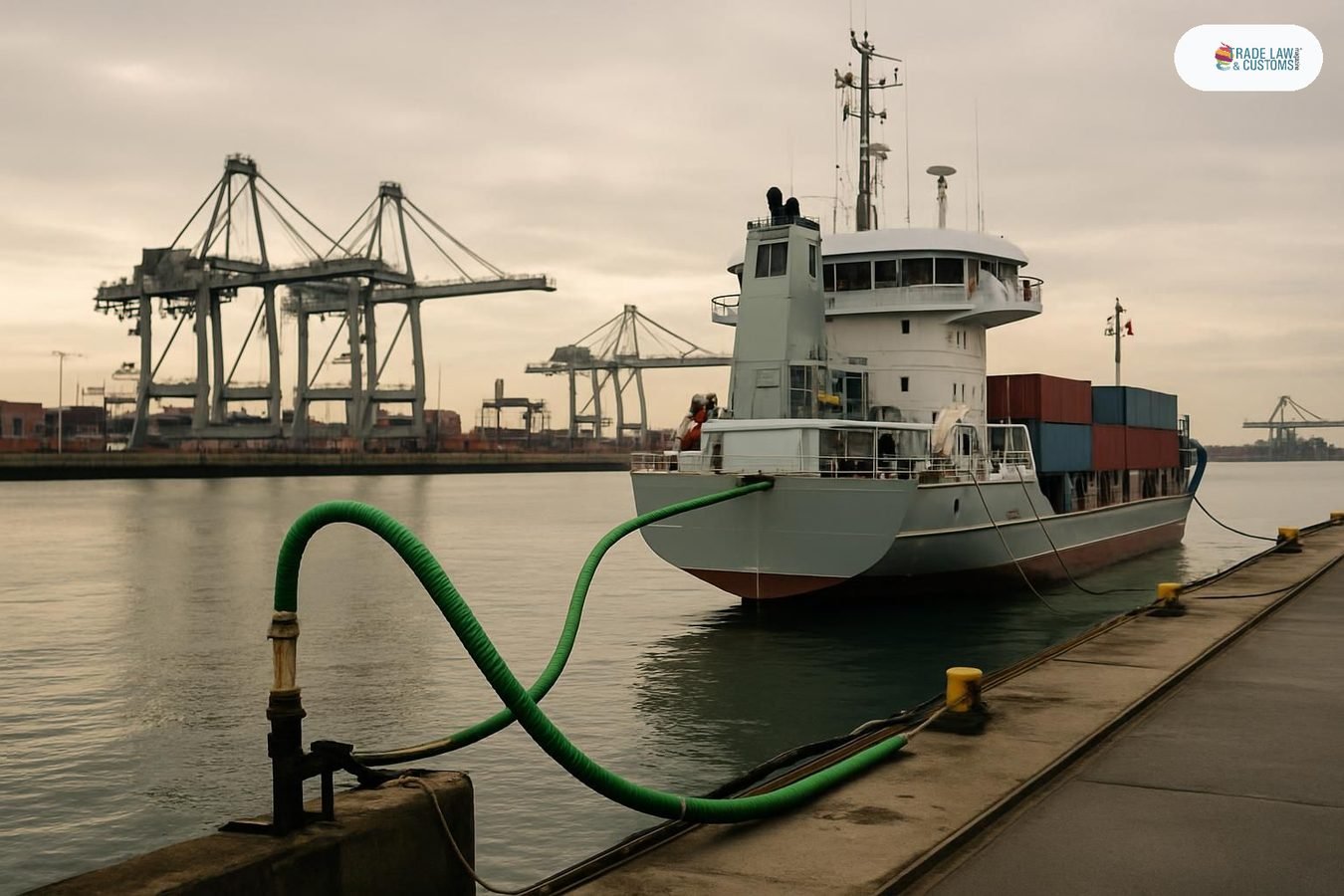 Buque de carga de corta distancia recibe bunkering de metanol verde en el puerto de Róterdam bajo cielo cubierto