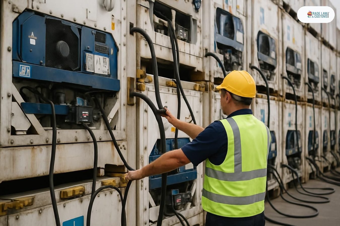Filas de contenedores refrigerados enchufados a puntos de energía en una terminal portuaria, con trabajador revisando conexiones