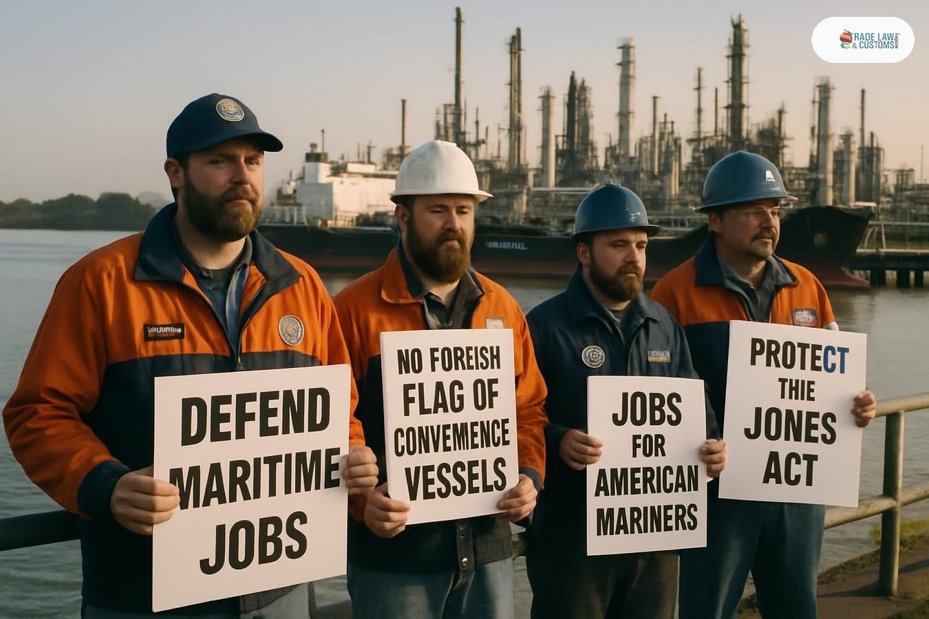Marinos del SIU protestan en el muelle de una refinería en Garyville, Luisiana, con el petrolero chino Jin Zhou Wan al fondo