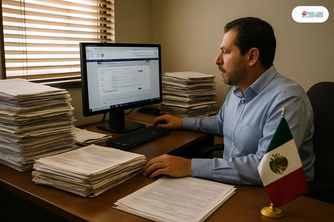 Agente aduanal en oficina de Nuevo Laredo revisa portal del SAT con documentos de importación sobre su escritorio.