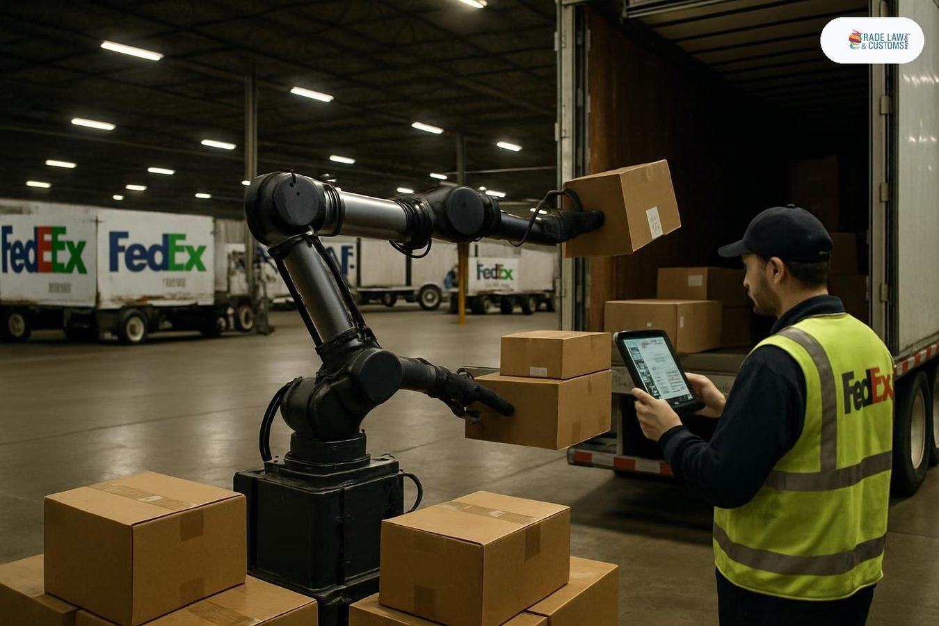 Robot industrial de doble brazo Mech carga paquetes dentro de un tráiler en el hub de FedEx en Hagerstown, Maryland.