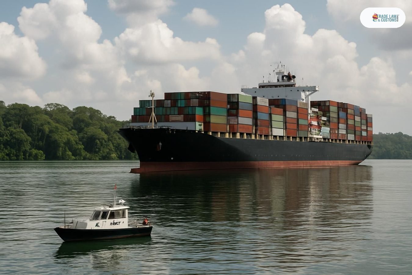 Portacontenedores neopanamax espera turno de tránsito anclado en el lago Gatún del Canal de Panamá bajo sol tropical.