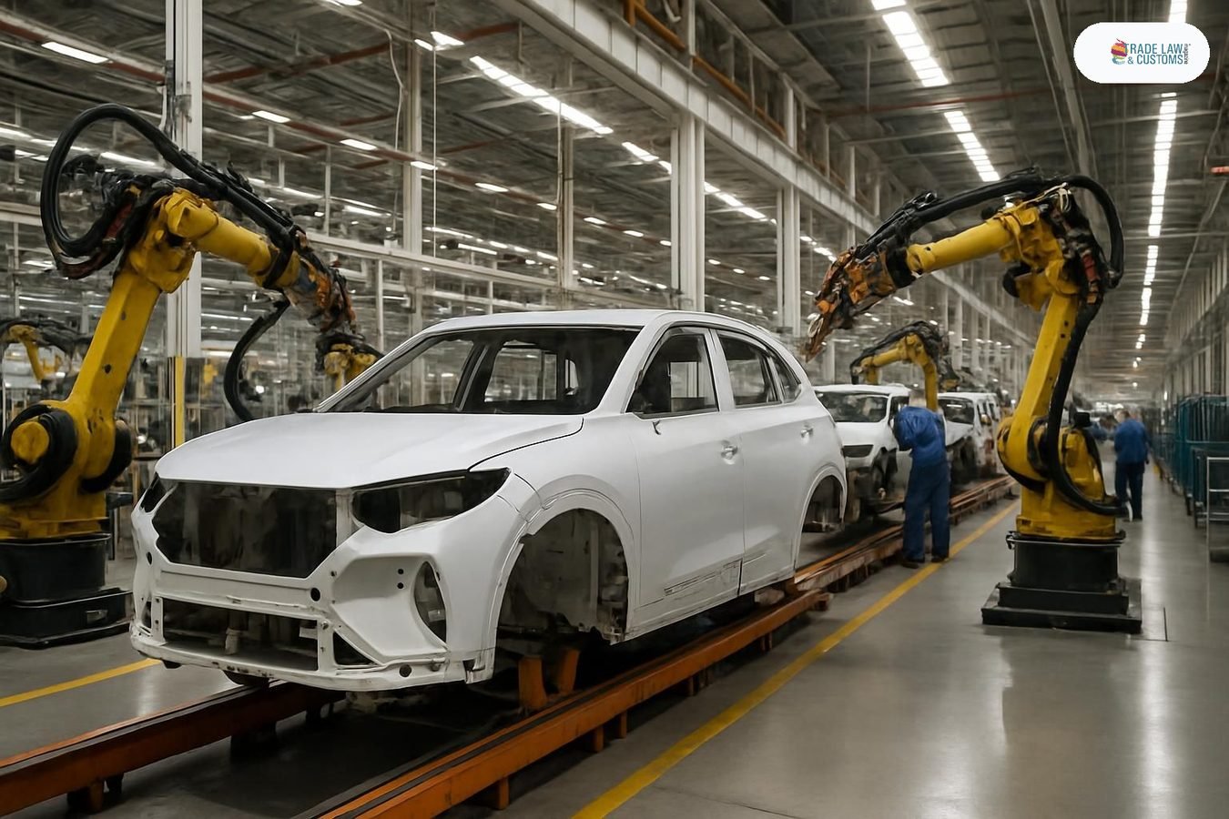 Carrocería de SUV eléctrico en línea de ensamble de planta automotriz de Pesquería, Nuevo León, con brazos robóticos de soldadura.