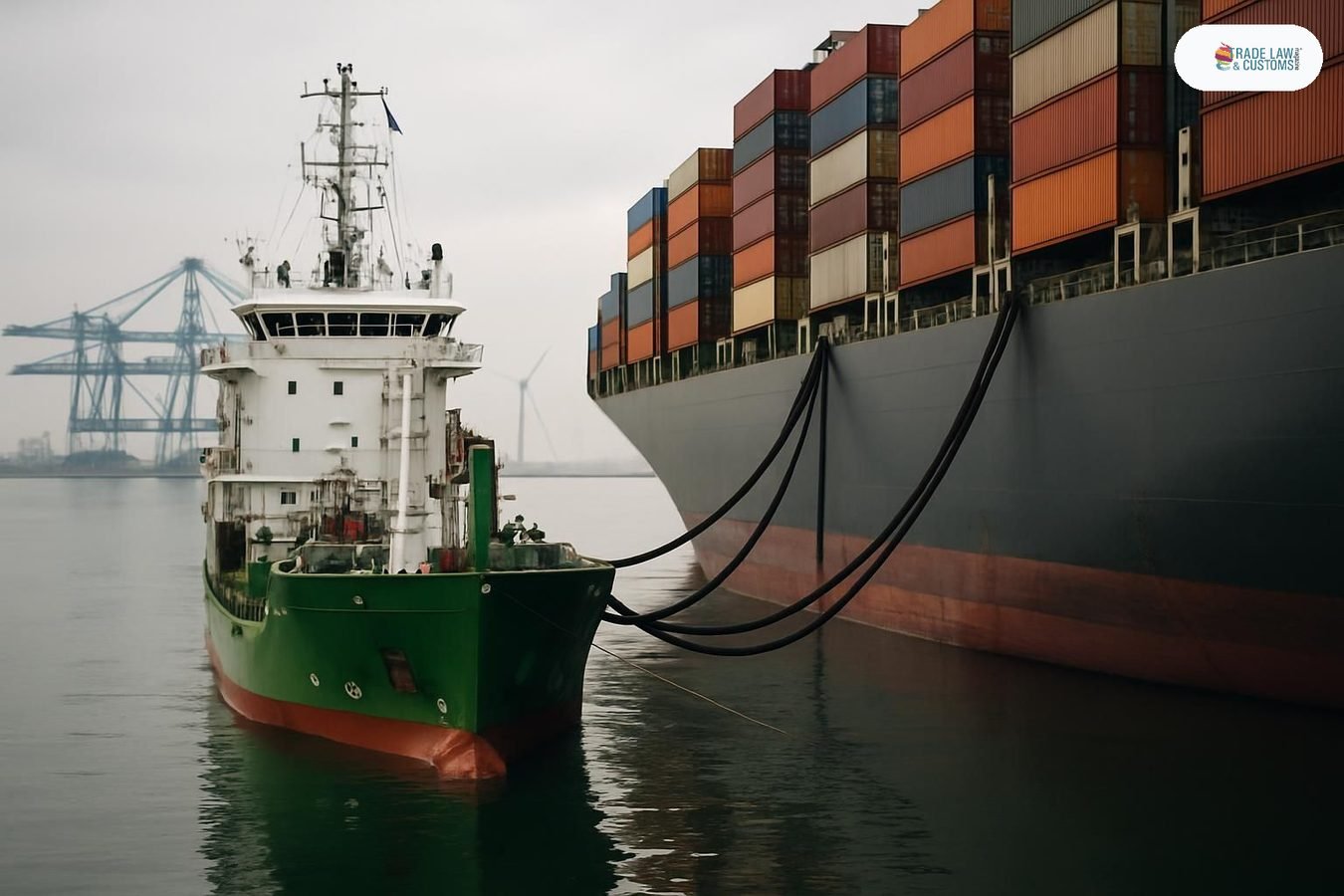 Buque suministrador de combustible marino conectado a portacontenedores en el Puerto de Róterdam con grúas portuarias al fondo.