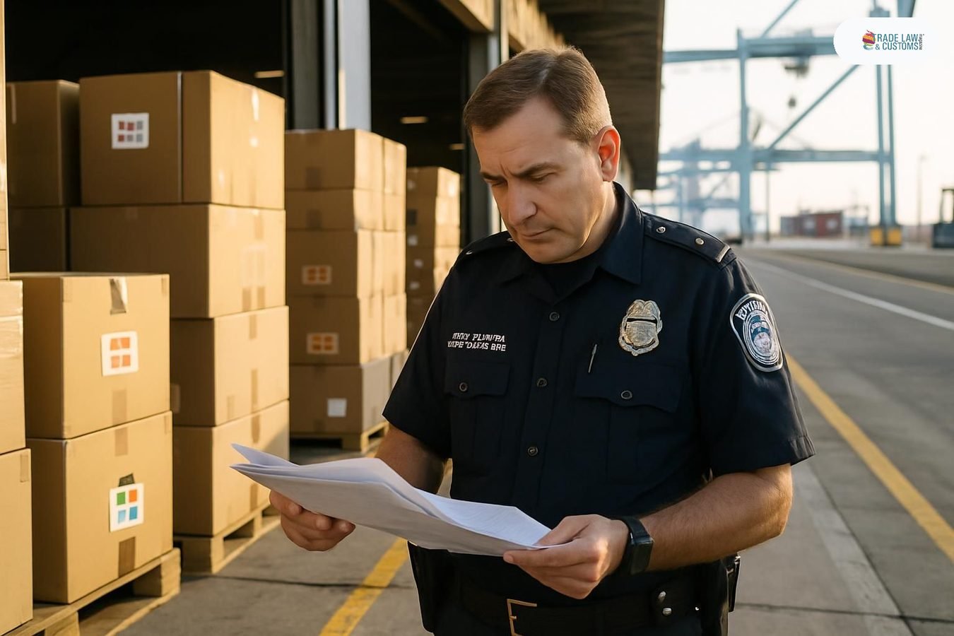 Inspector de CBP revisa documentación de carga en zona de inspección de puerto marítimo de EE.UU.