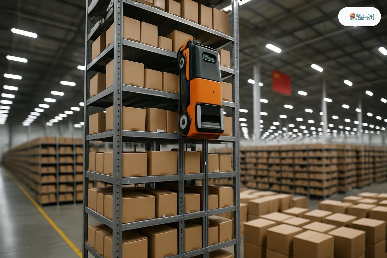 Robot ZeeBot de Cainiao escalando rack de cinco pisos en almacén de distribución