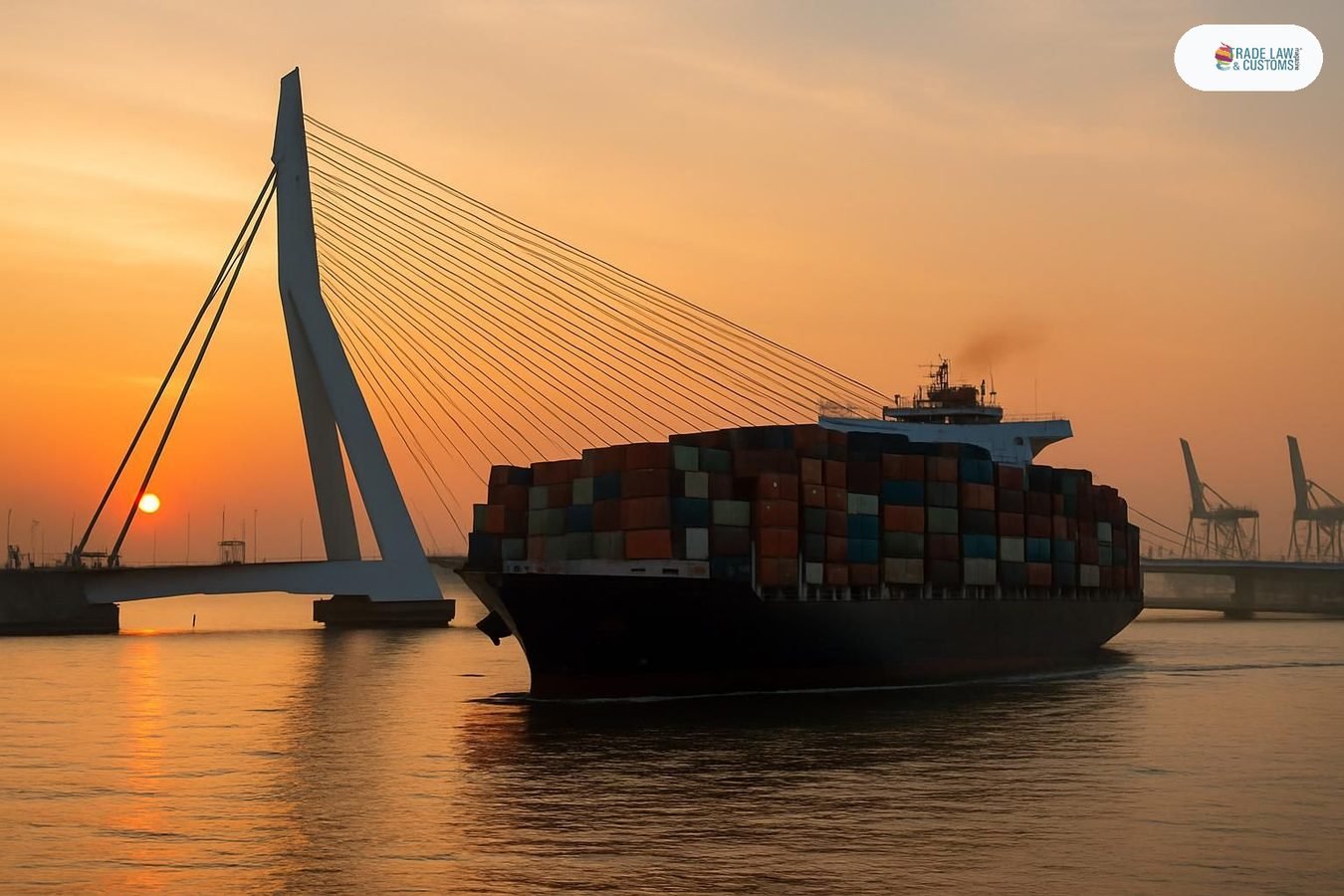 Portacontenedores navegando en el puerto de Rotterdam bajo el Puente Erasmus al amanecer