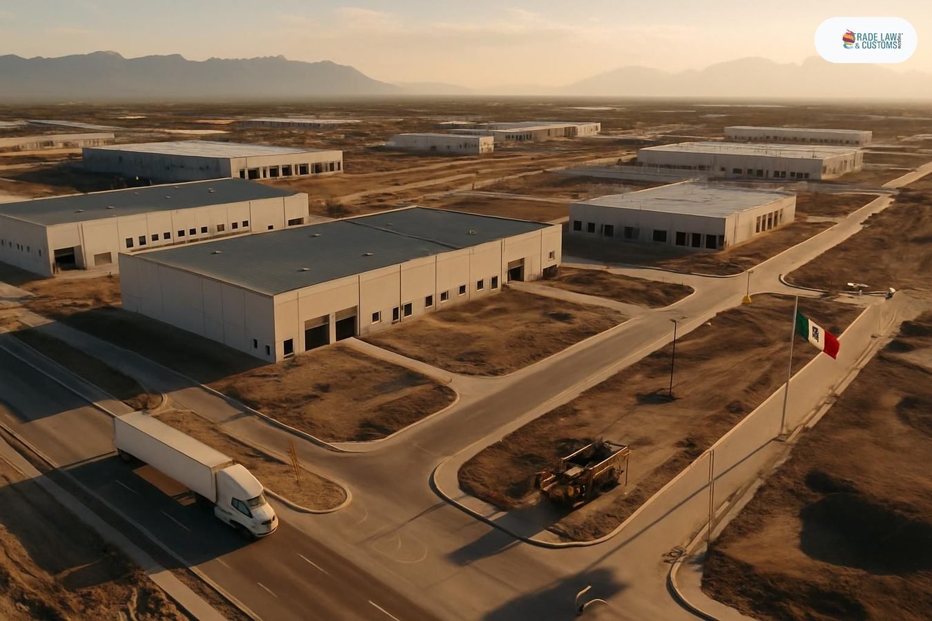 Parque industrial en construcción en el norte de México con bodegas nuevas y camiones en movimiento
