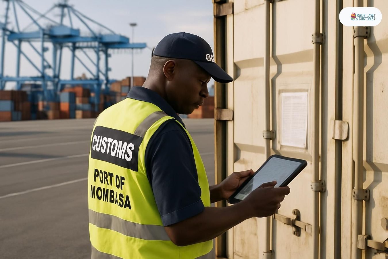 Oficial de aduanas keniata verificando documentación digital en el Puerto de Mombasa