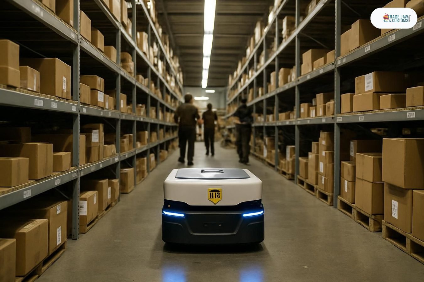Robot AMR navegando los pasillos de un centro de distribución de logística en Estados Unidos