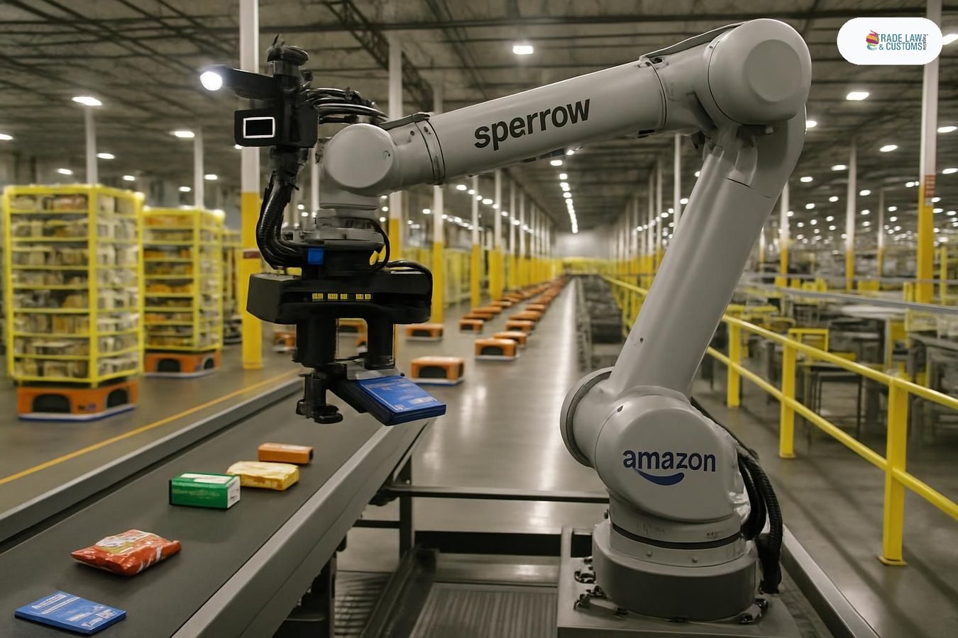 Brazo robótico Sparrow de Amazon seleccionando artículos en centro de distribución de última generación.