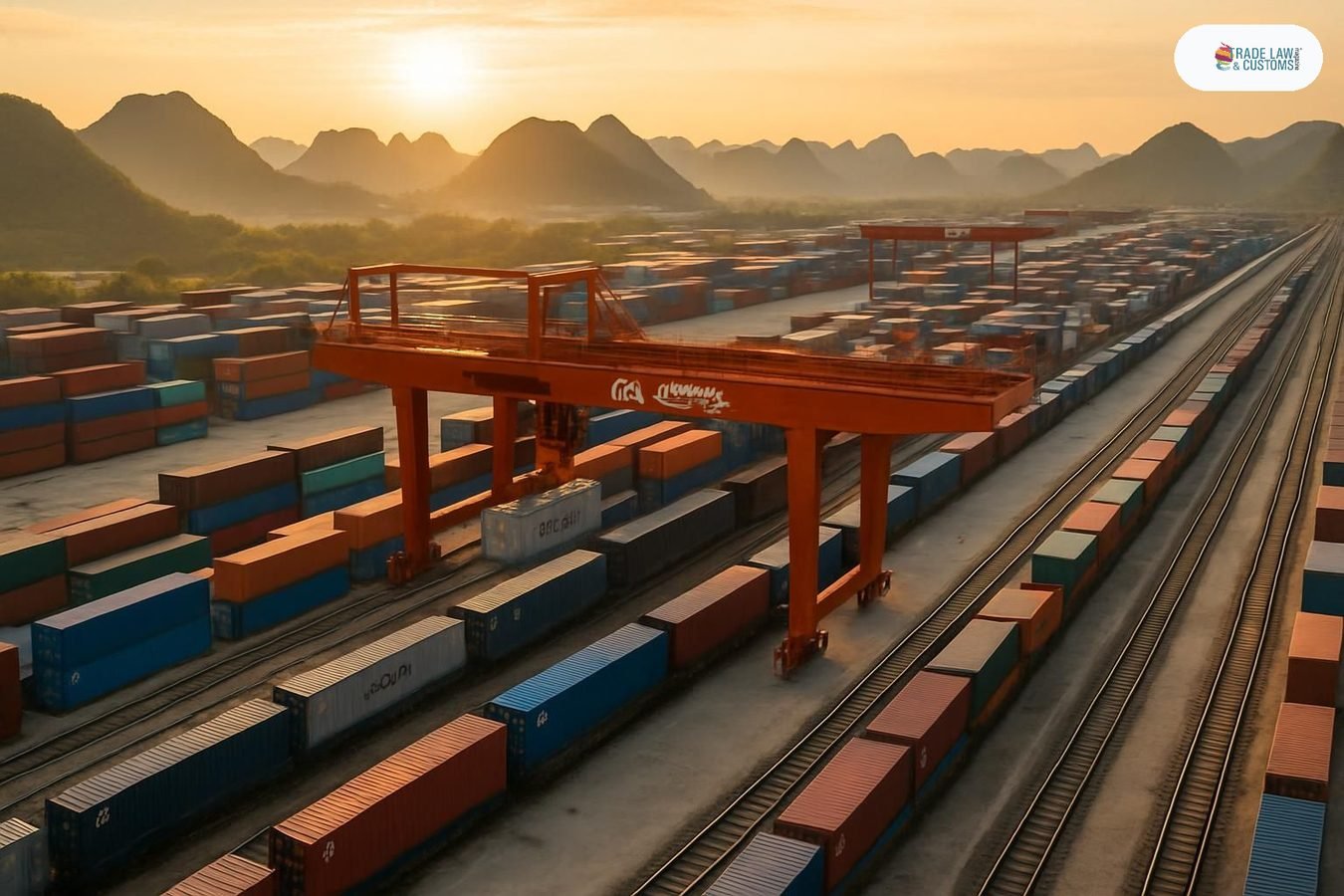 Terminal intermodal de carga del corredor CILCM en Guangxi, China, al amanecer