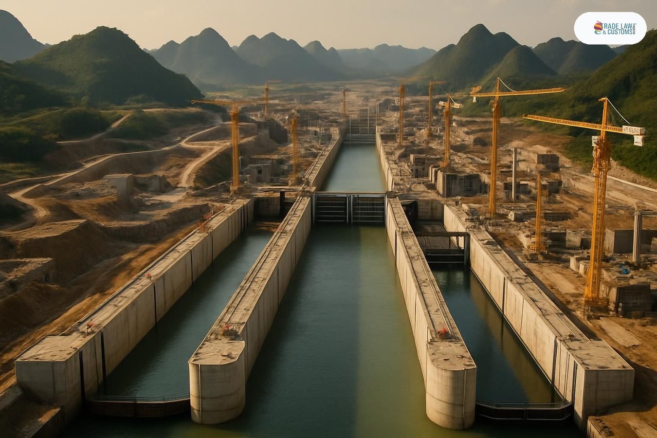 Vista aérea de las esclusas del Canal Pinglu en Guangxi, China, durante la fase de pruebas con agua