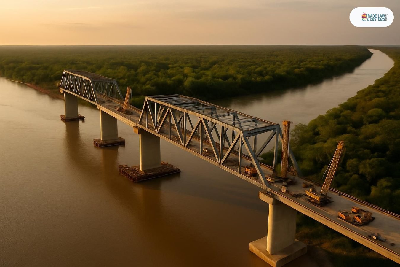 Vista aérea del Puente Bioceánico en construcción sobre el río Paraguay entre Carmelo Peralta y Puerto Murtinho