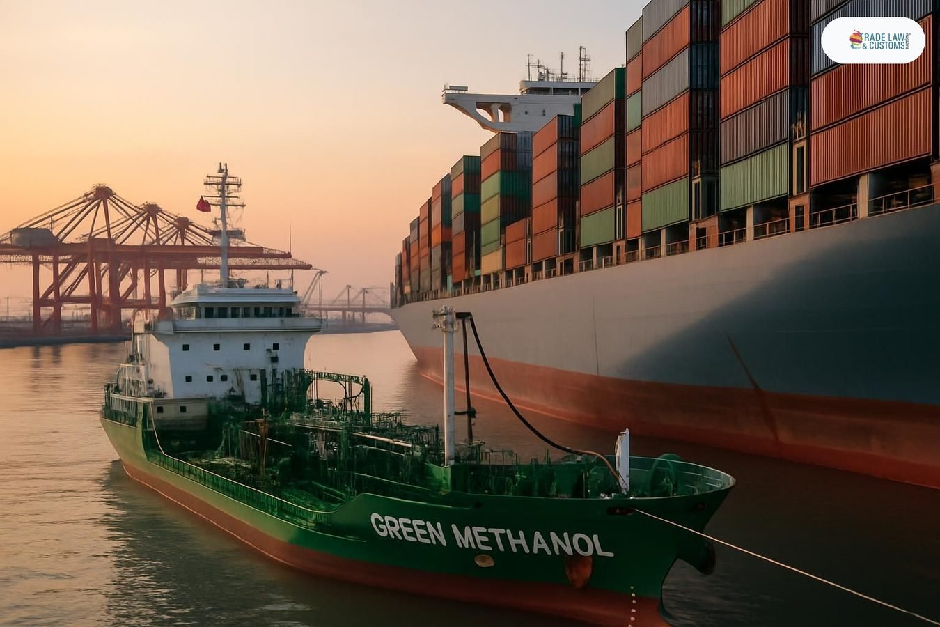 Operación de bunkering de combustible verde en el Puerto de Shanghái al amanecer