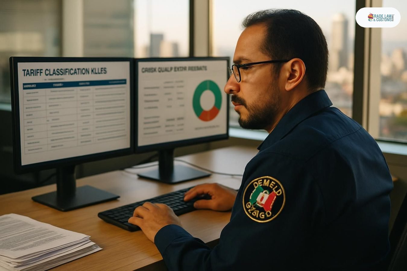 Oficial de cumplimiento aduanal revisa clasificación arancelaria automatizada en pantalla de computadora