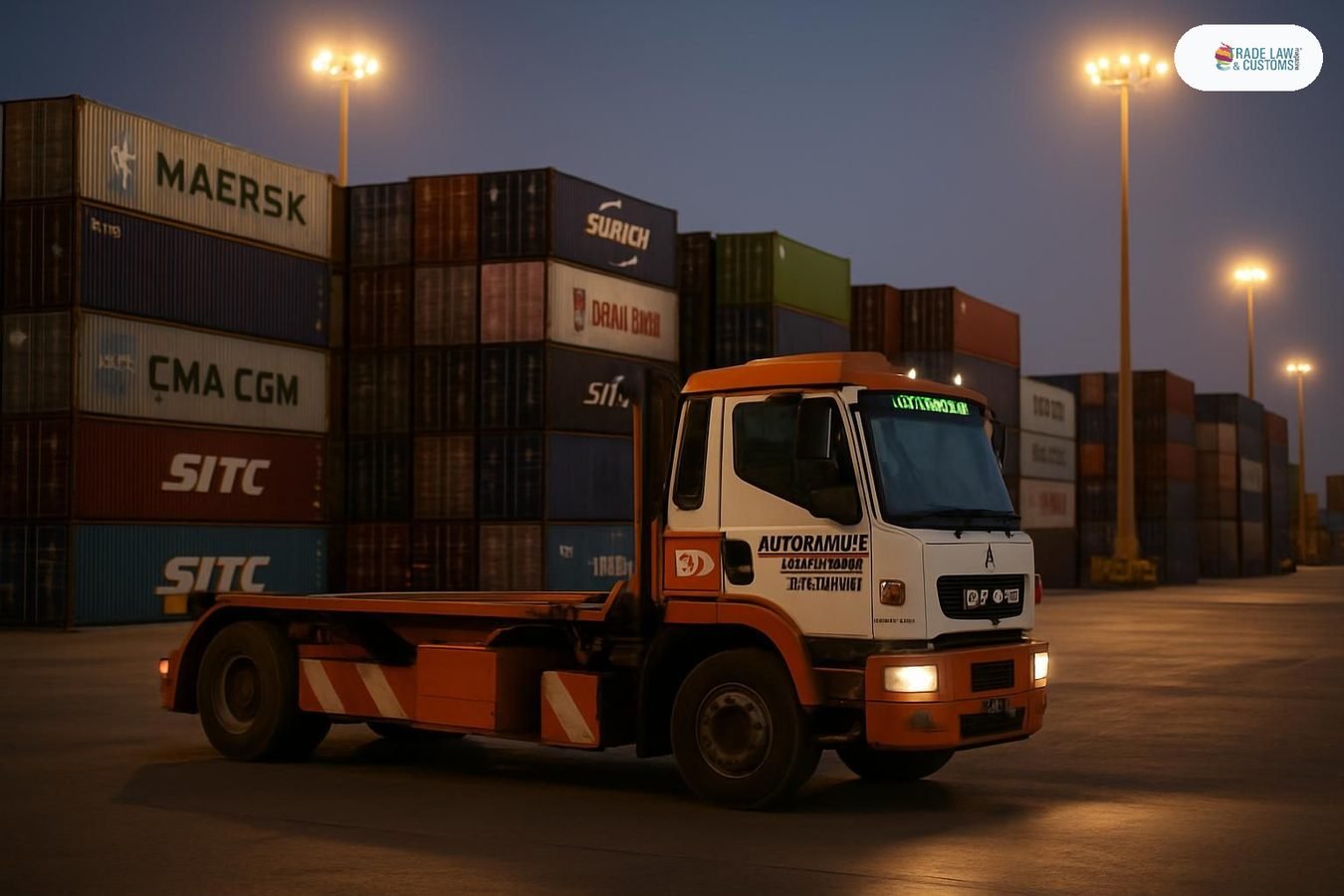 Vehículo de logística autónoma circula en terminal portuaria de Dubái al atardecer