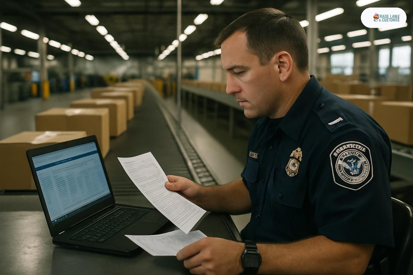 Oficial de CBP revisa documentación de importación en instalación de inspección aduanal en Estados Unidos