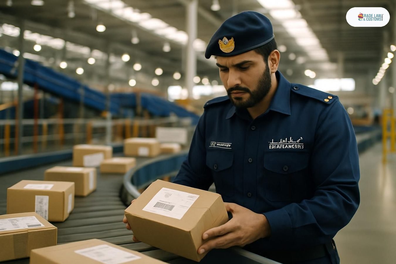 Oficial de Dubai Customs revisa paquetería de e-commerce en instalación de carga aérea