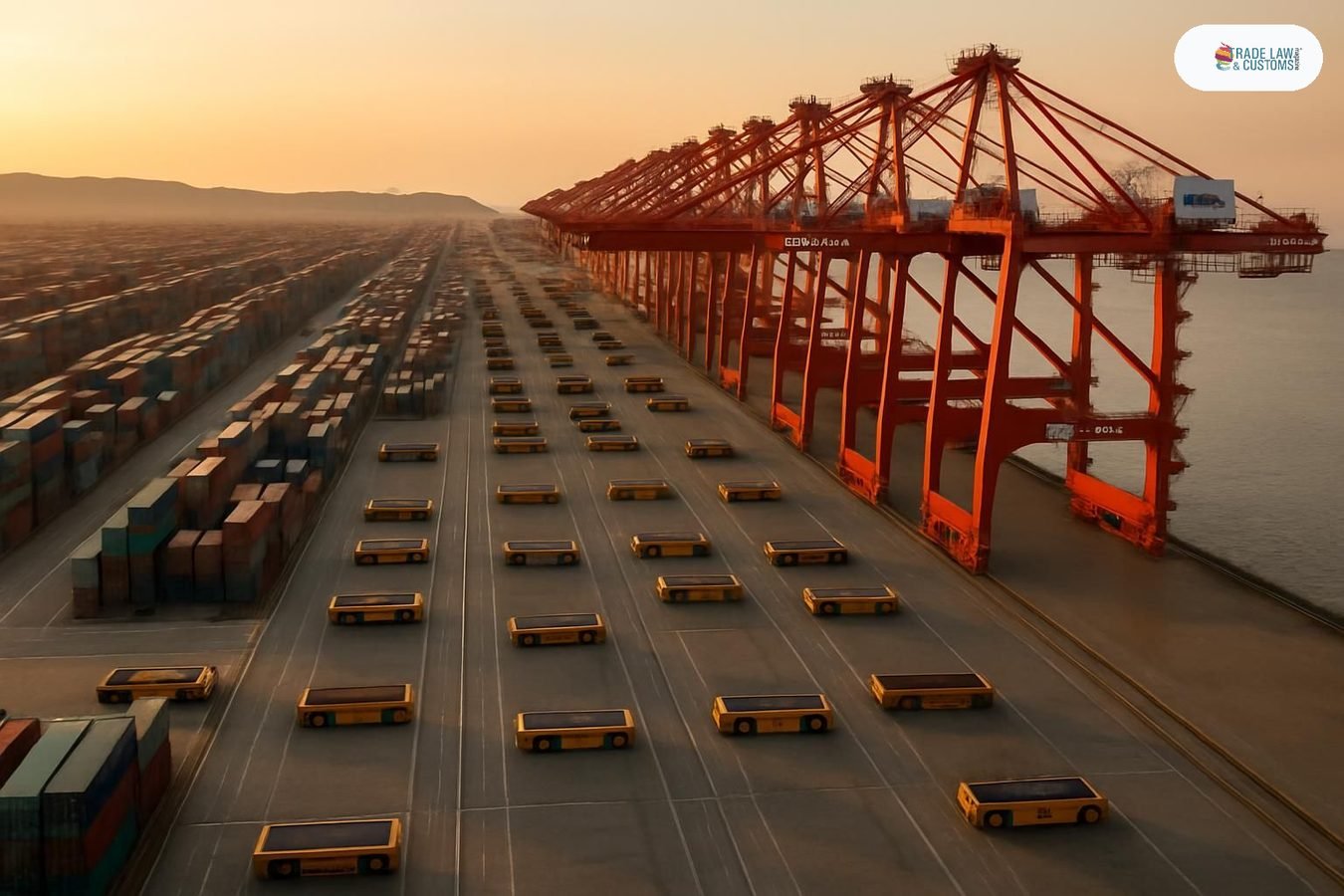 Vista aérea de la terminal automatizada Yangshan Fase IV del Puerto de Shanghái al amanecer