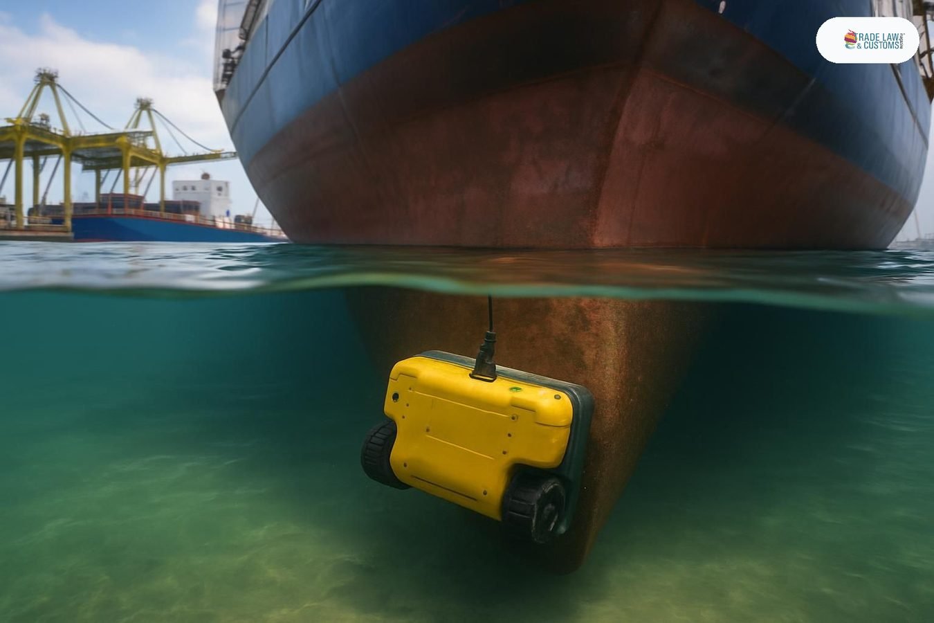 Robot submarino limpiando el casco de un buque de carga en el Puerto de Singapur