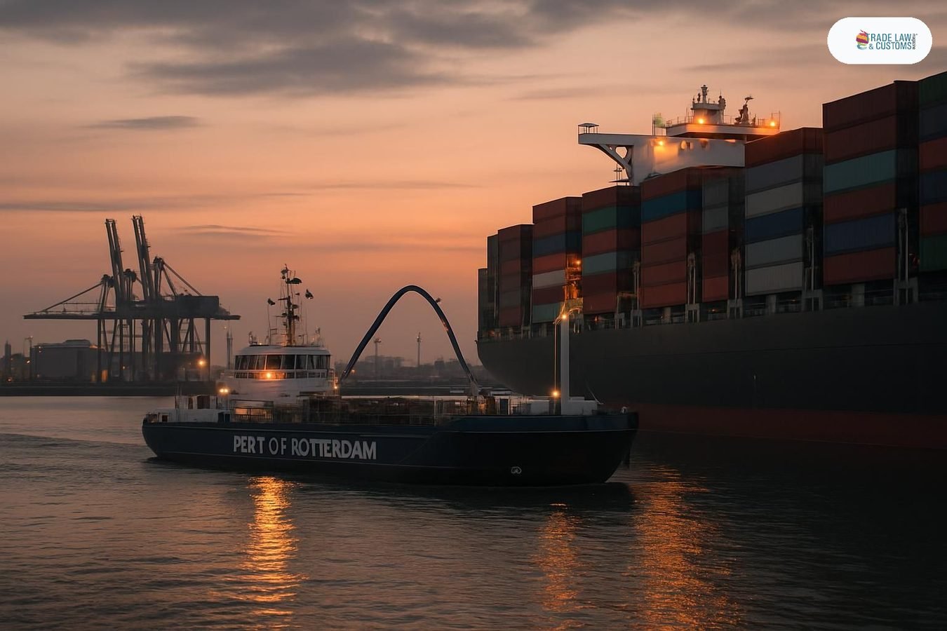 Tanquero bunkering junto a un buque portacontenedores en el Puerto de Róterdam al atardecer