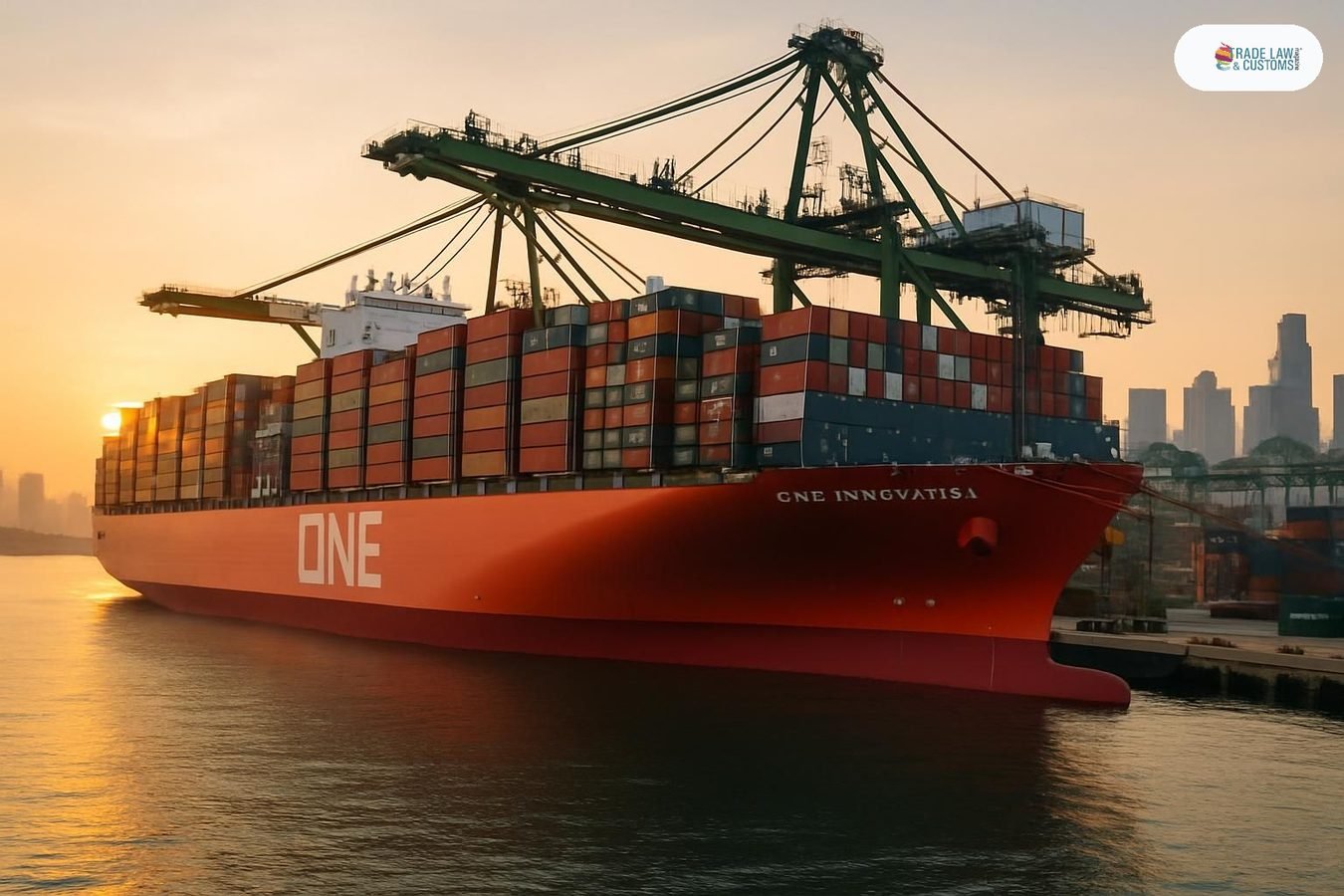 Buque ONE Innovation cargando contenedores en el Puerto de Singapur al amanecer