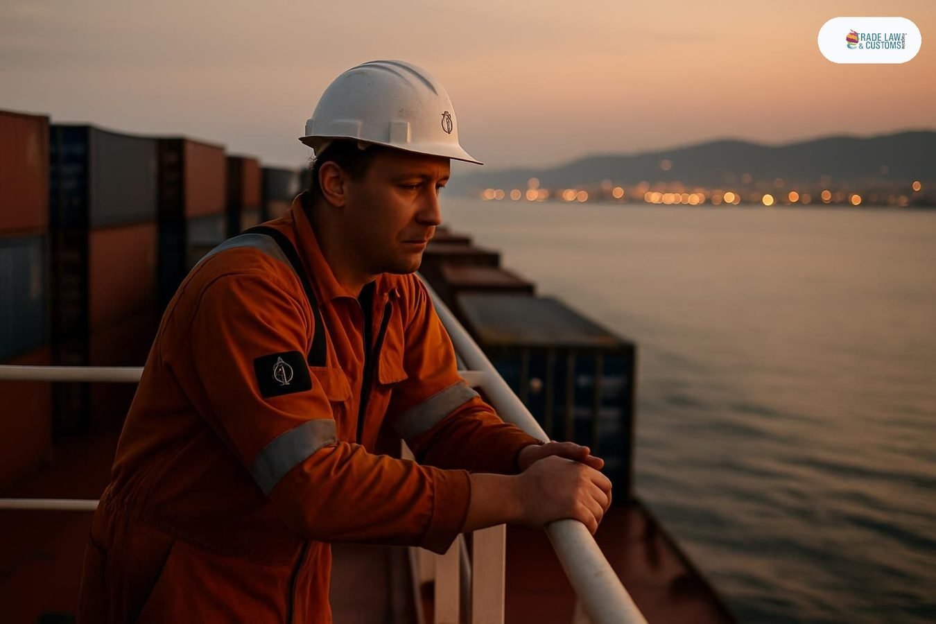 Marino mercante en cubierta de portacontenedores mirando el horizonte al atardecer