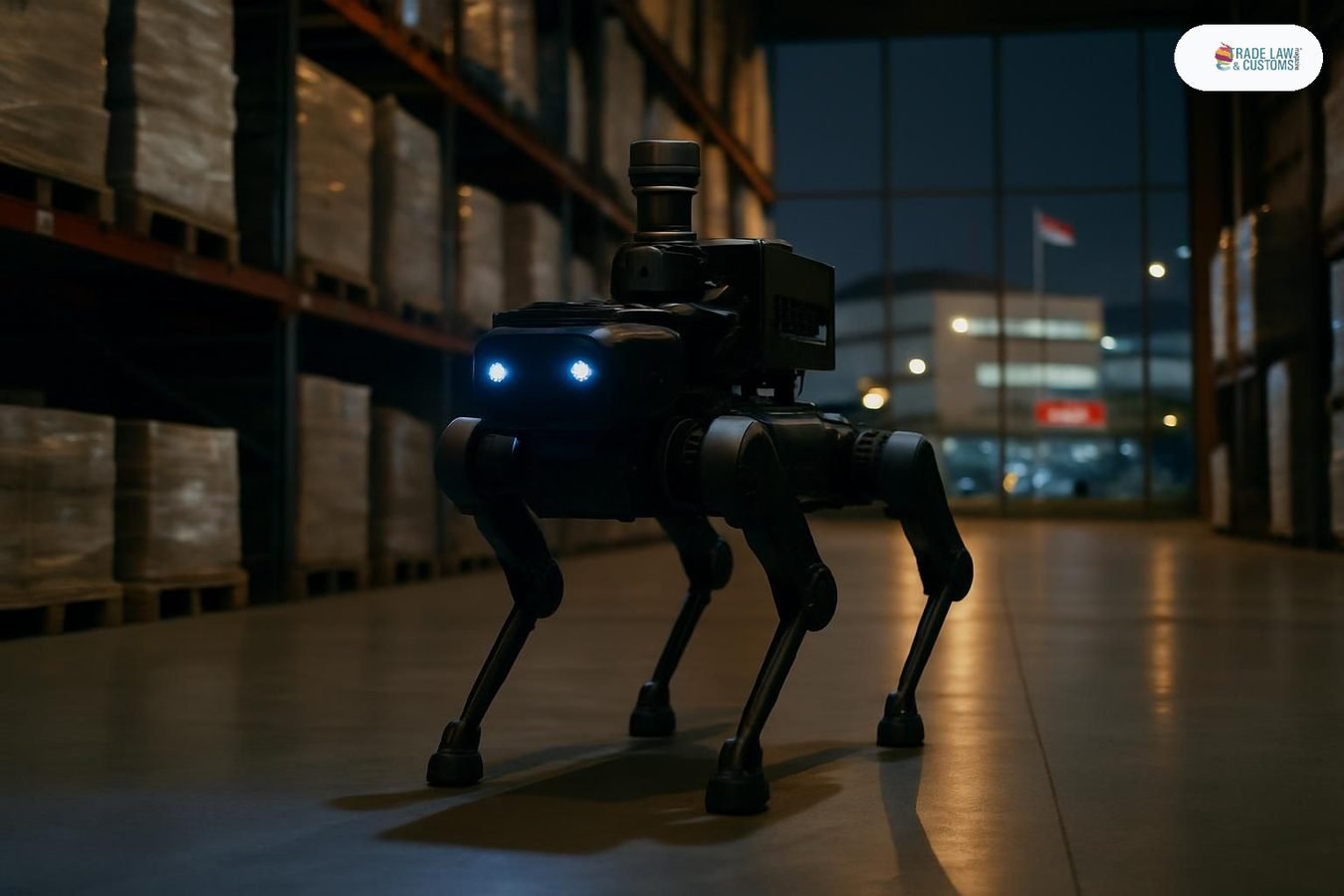 Robot cuadrúpedo con IA de borde patrullando autónomamente el interior de un almacén logístico industrial