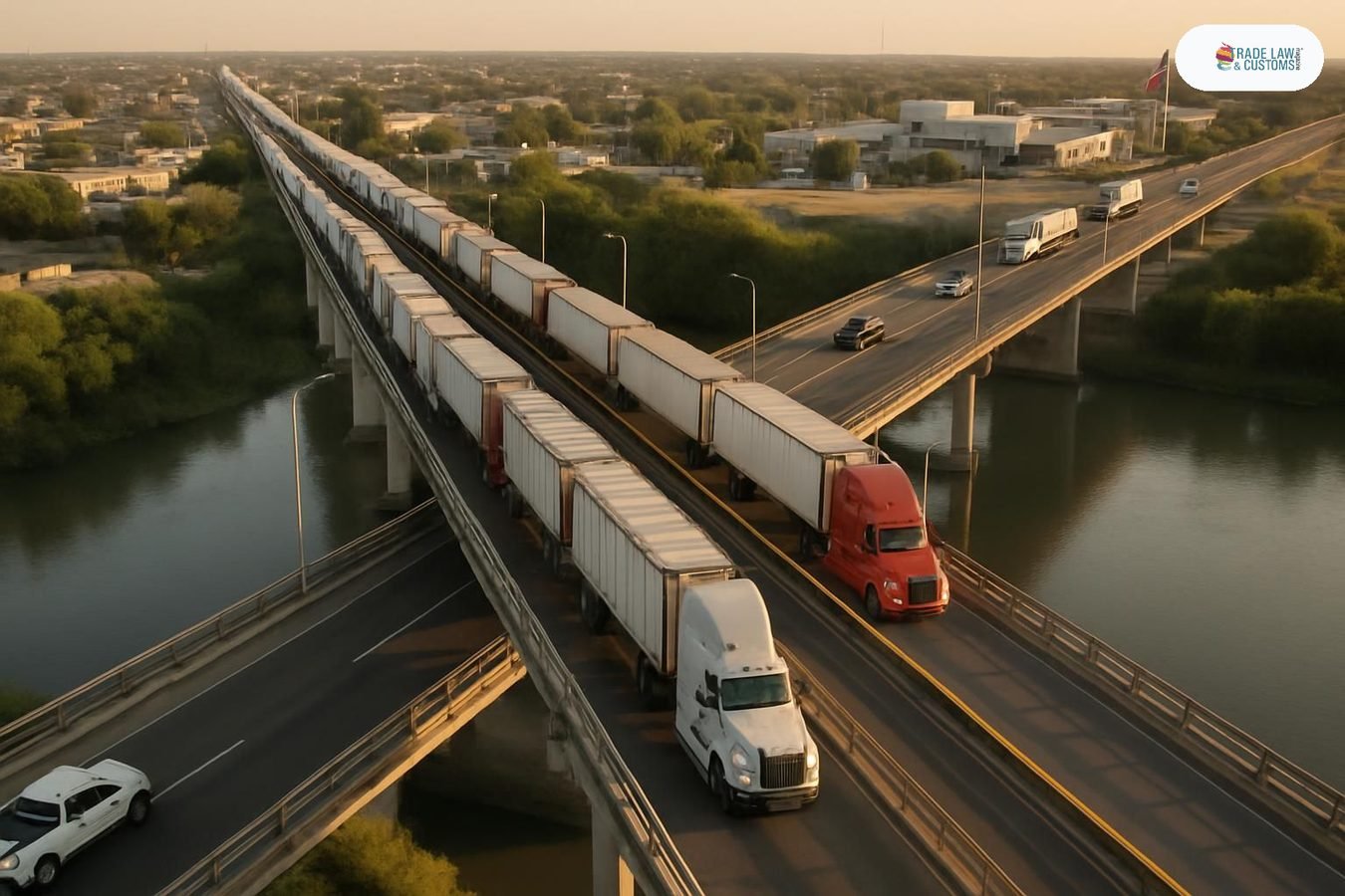 Vista aérea de tracto-camiones cruzando el Puente Internacional Nuevo Laredo III entre Tamaulipas y Texas al amanecer.