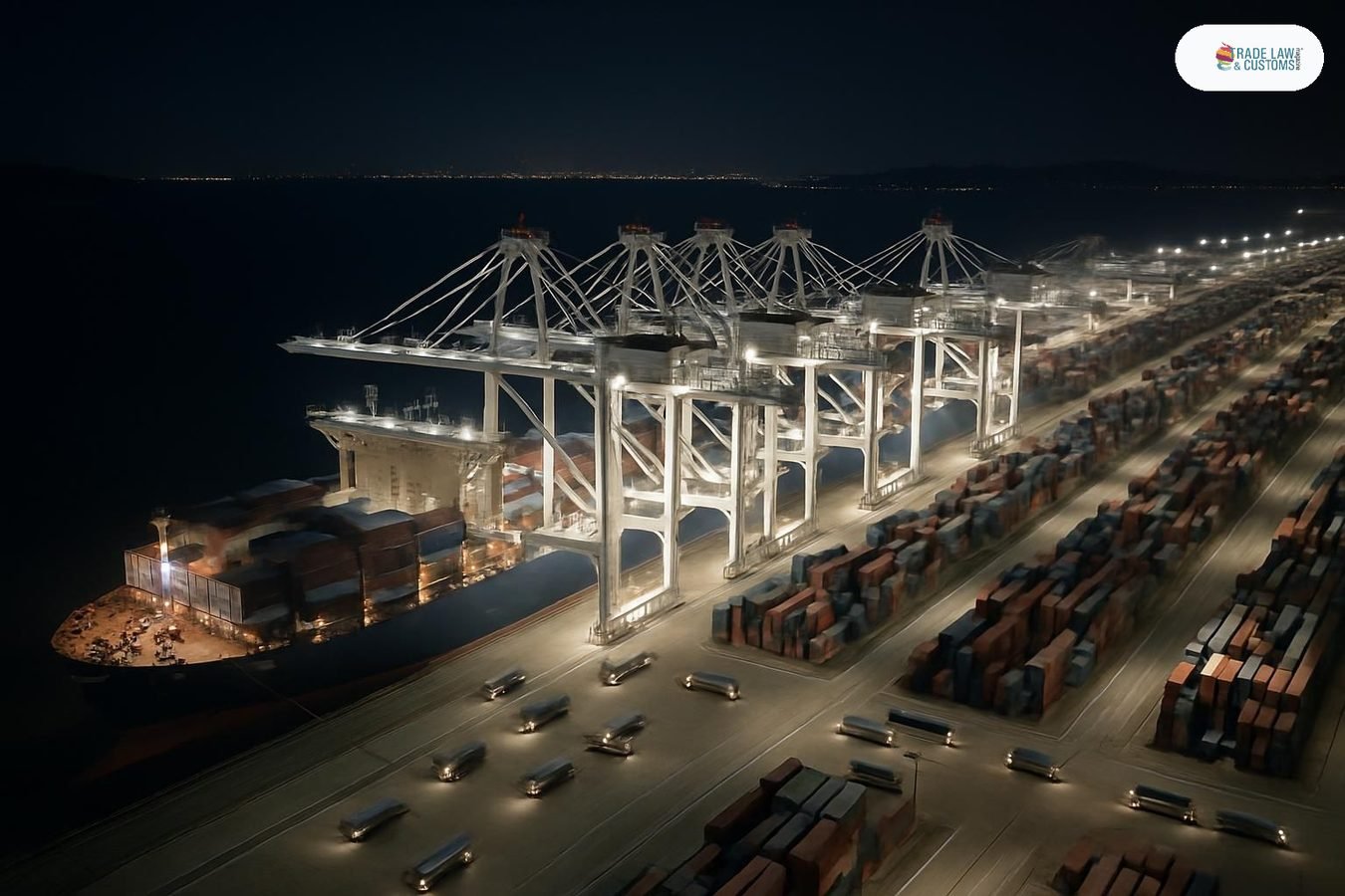 Vista aérea nocturna del Puerto de Shanghái Yangshan Fase IV con grúas automatizadas operando al máximo de capacidad durante el récord histórico del 1° de agosto de 2026