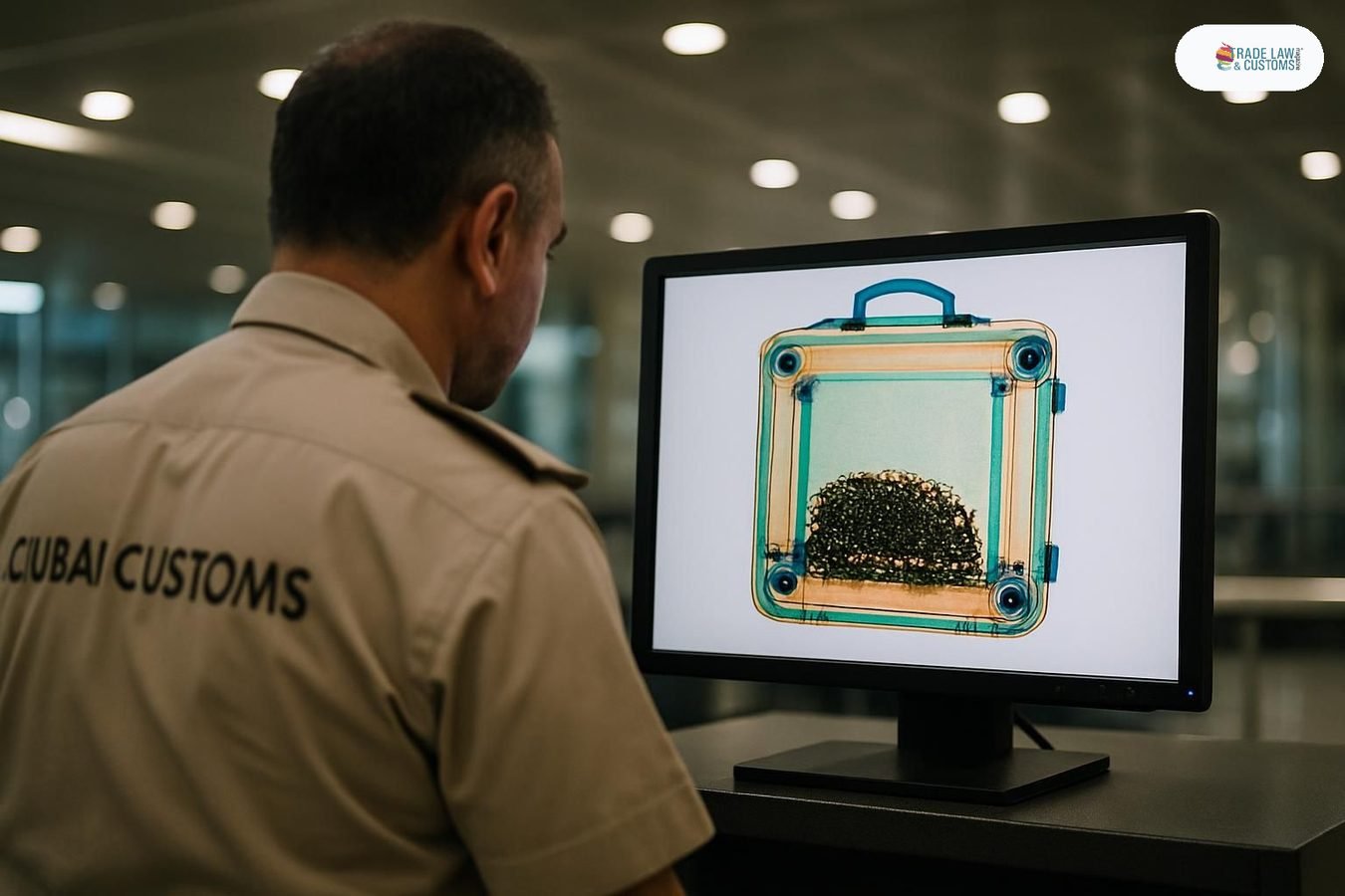 Inspector de Dubai Customs examina pantalla de rayos X que muestra anomalías metálicas dentro del armazón de una maleta en aeropuerto.