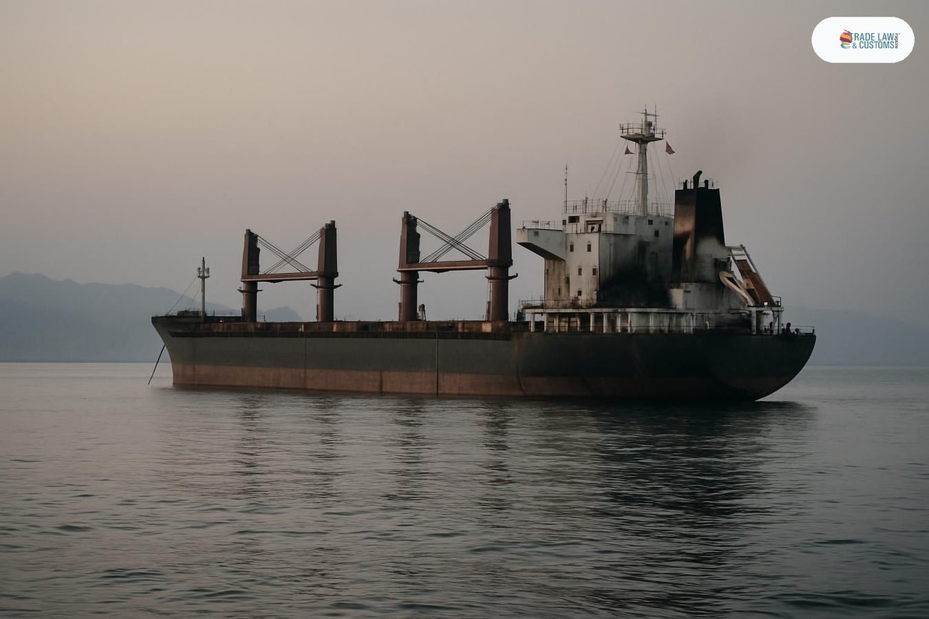 Granelero Minoan Pioneer inmóvil en el Estrecho de Ormuz con marcas de incendio en la popa tras ser impactado por un proyectil el 3 de agosto de 2026
