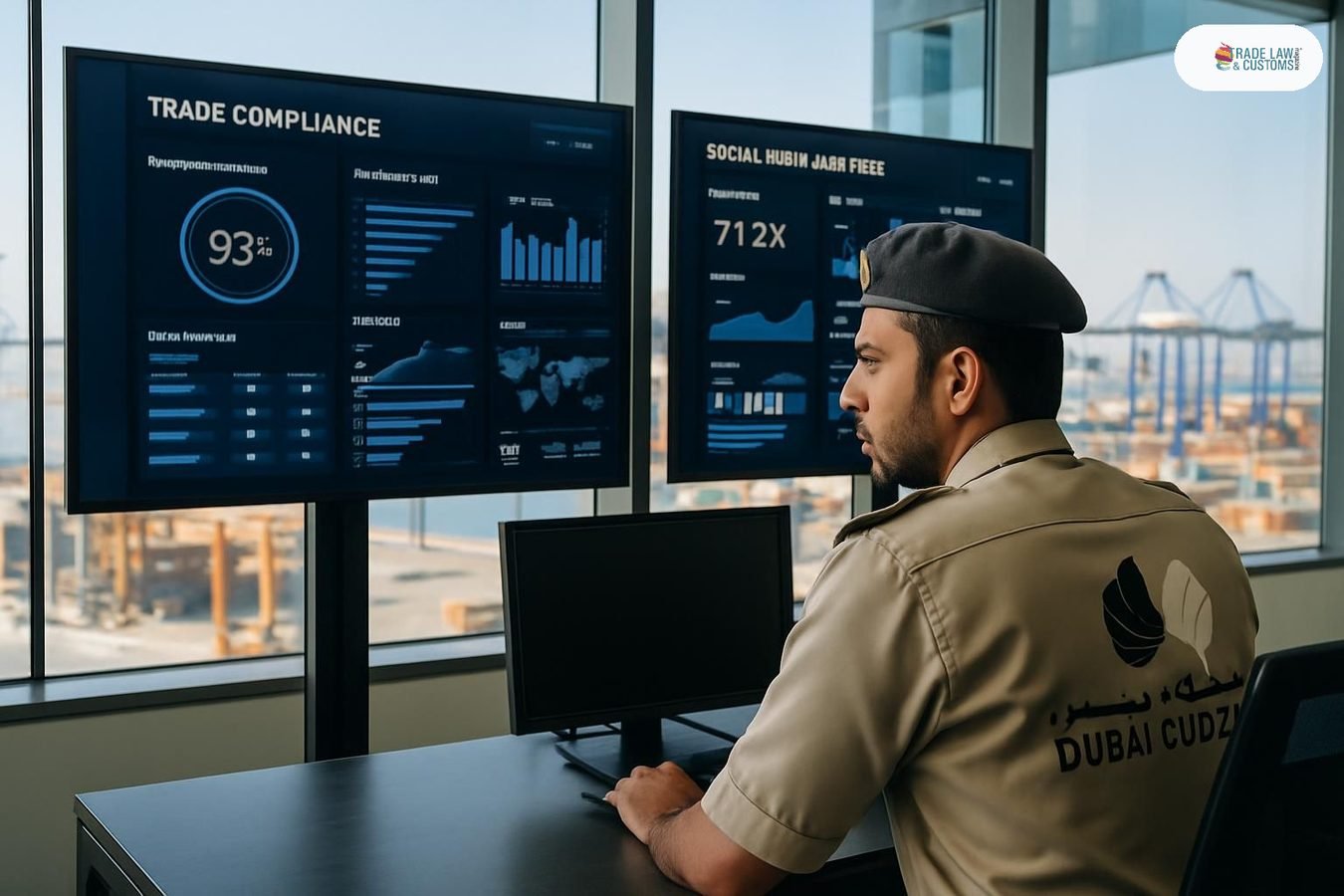 Funcionario de Dubai Customs revisa tableros digitales en oficinas modernas con vista al puerto