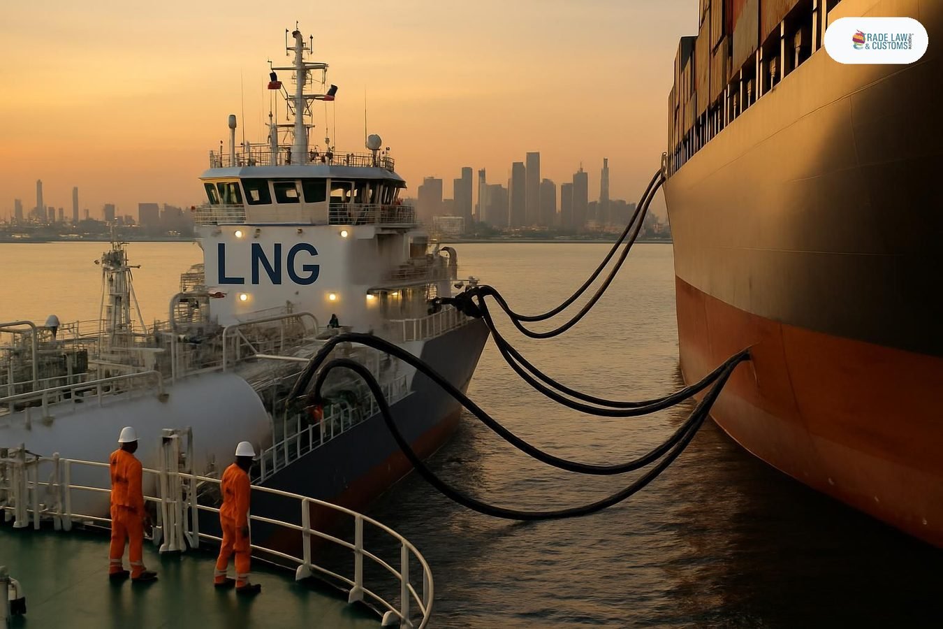 Buque de suministro de GNL transfiere gas licuado a portacontenedores en el puerto de Singapur al atardecer