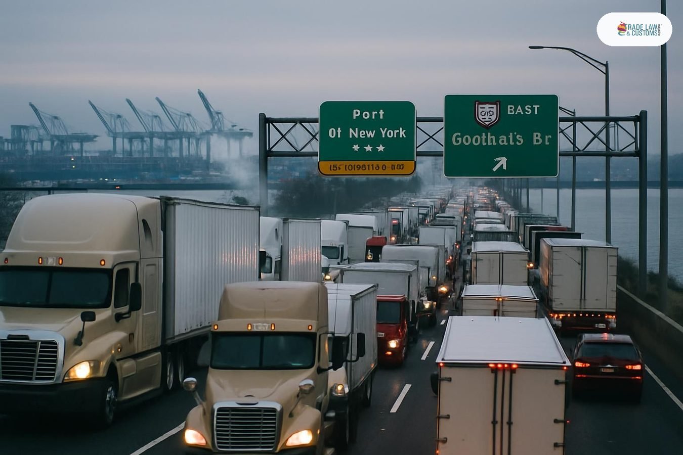 Fila de camiones de carga en acceso al Puerto de Nueva York y Nueva Jersey al amanecer desde Nueva Jersey