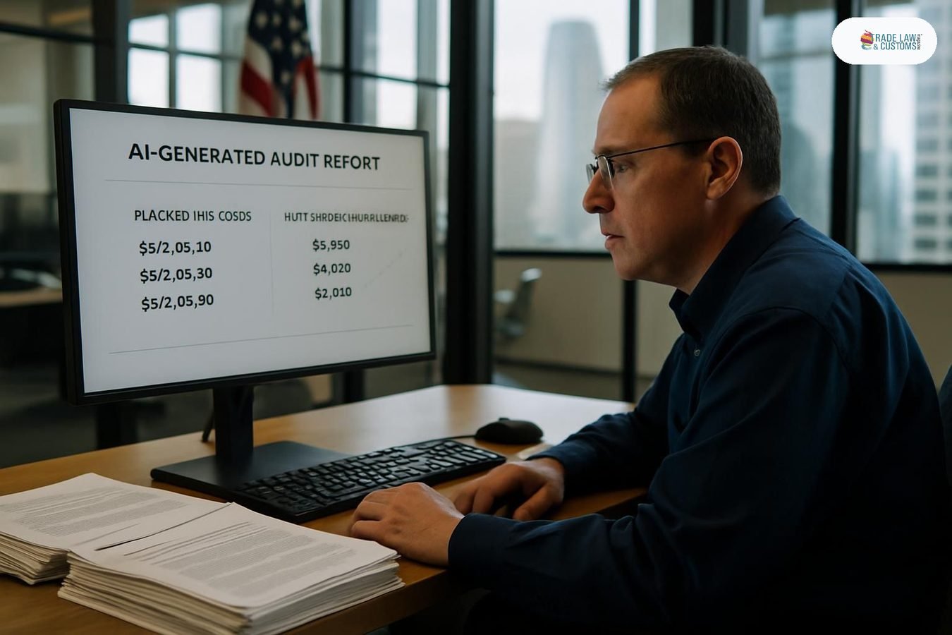 Oficial de cumplimiento revisa reporte de auditoría aduanal generado por IA en pantalla de computadora.