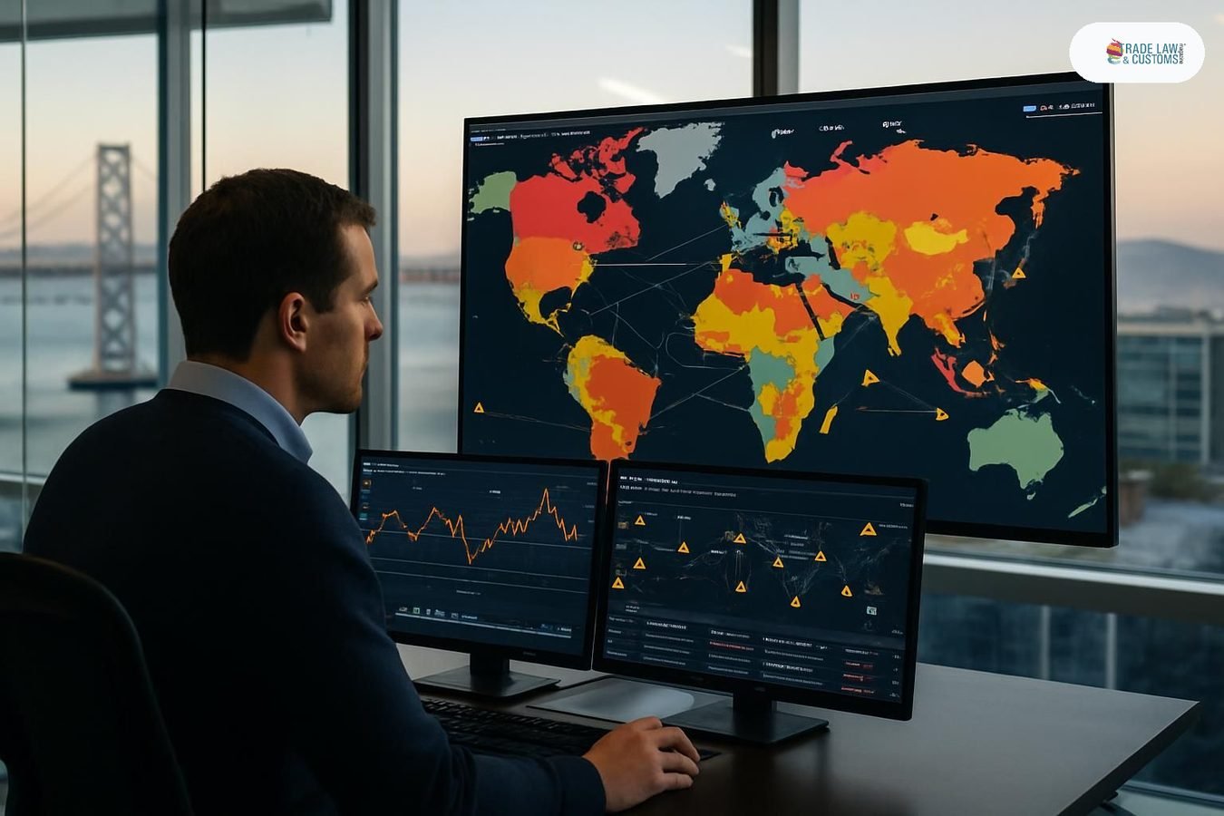 Analista de tecnología logística revisa mapa interactivo de riesgo arancelario en plataforma de IA.