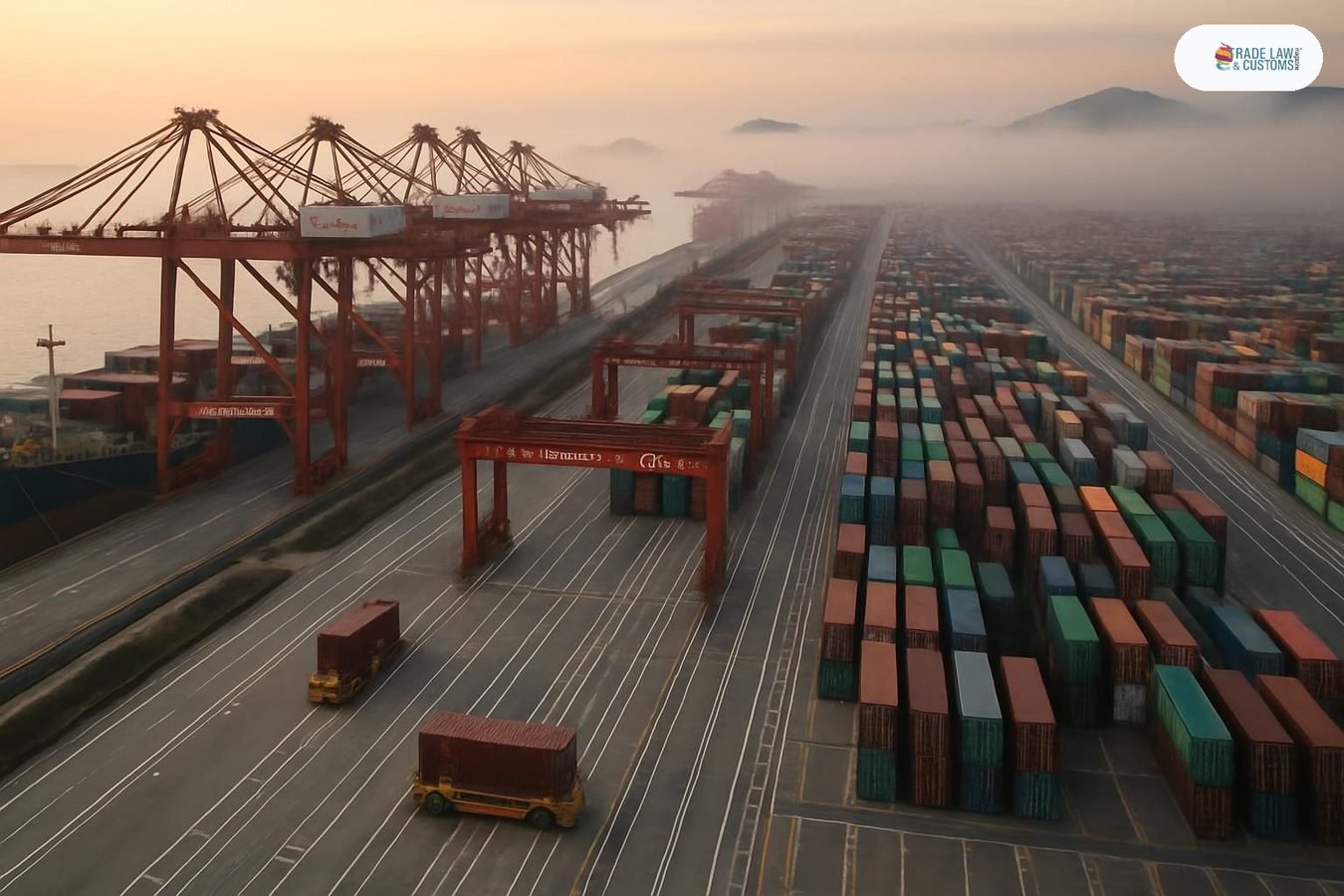 Terminal automatizada del Puerto de Yangshan con grúas y vehículos autónomos al amanecer.